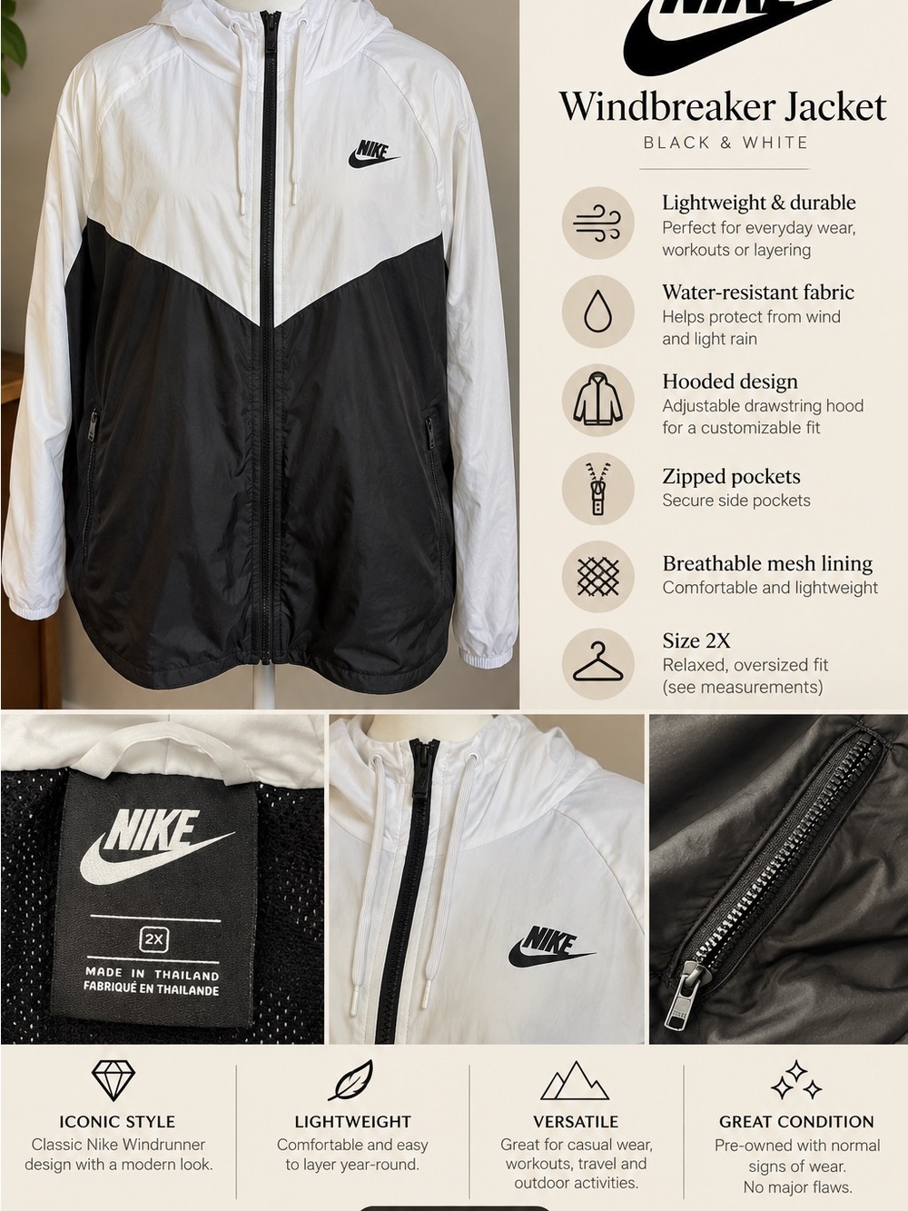 Nike Black & White Windbreaker Jacket Hooded Size 2X